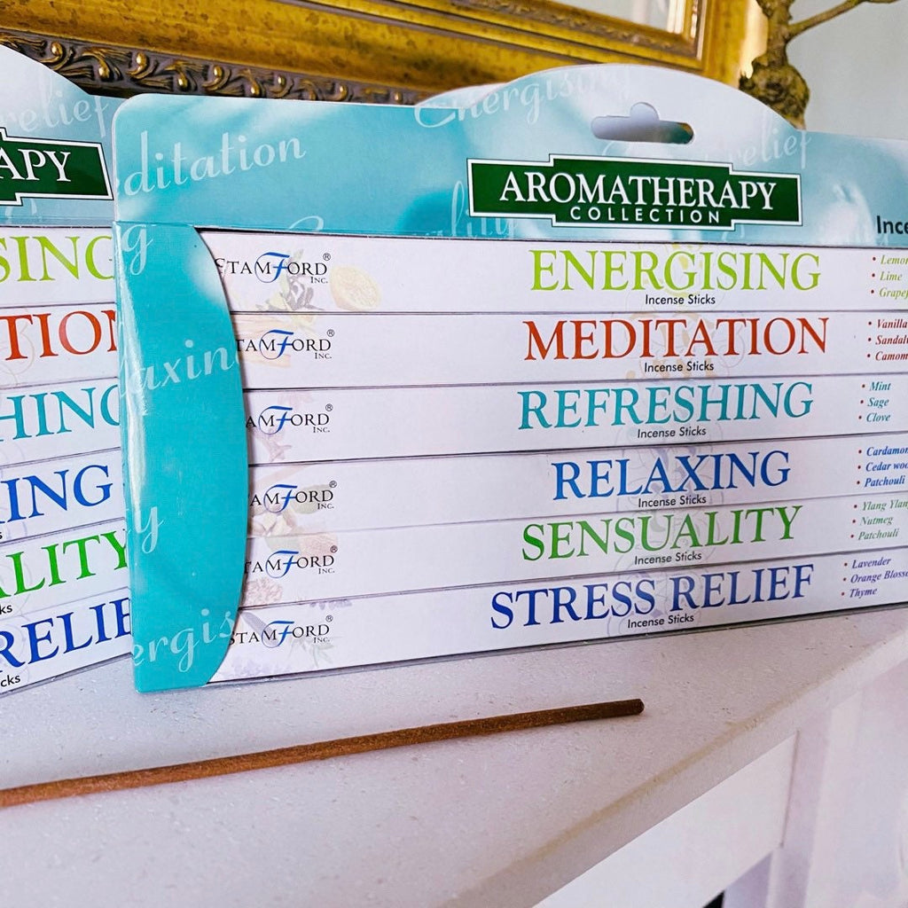 Aromatherapy Fragranced Incense Sticks / Energising, Meditation, Refreshing, Relaxing, Sensuality, Stress Relief / 6 Boxes Per Pack