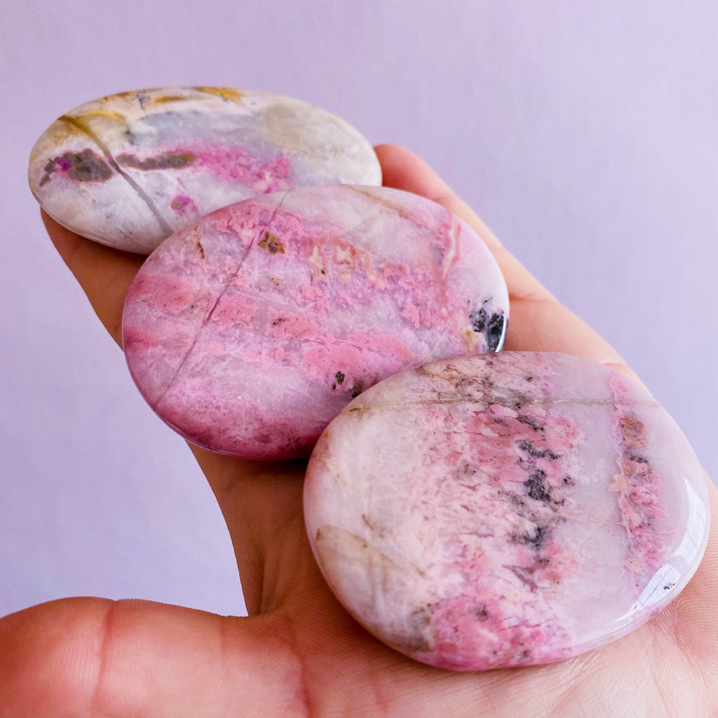 Rhodonite Crystal Flat Palm Stones / Clears Emotional Scars & Lets You Move Forward / Mental Balance / Good For ME, Schizophrenia