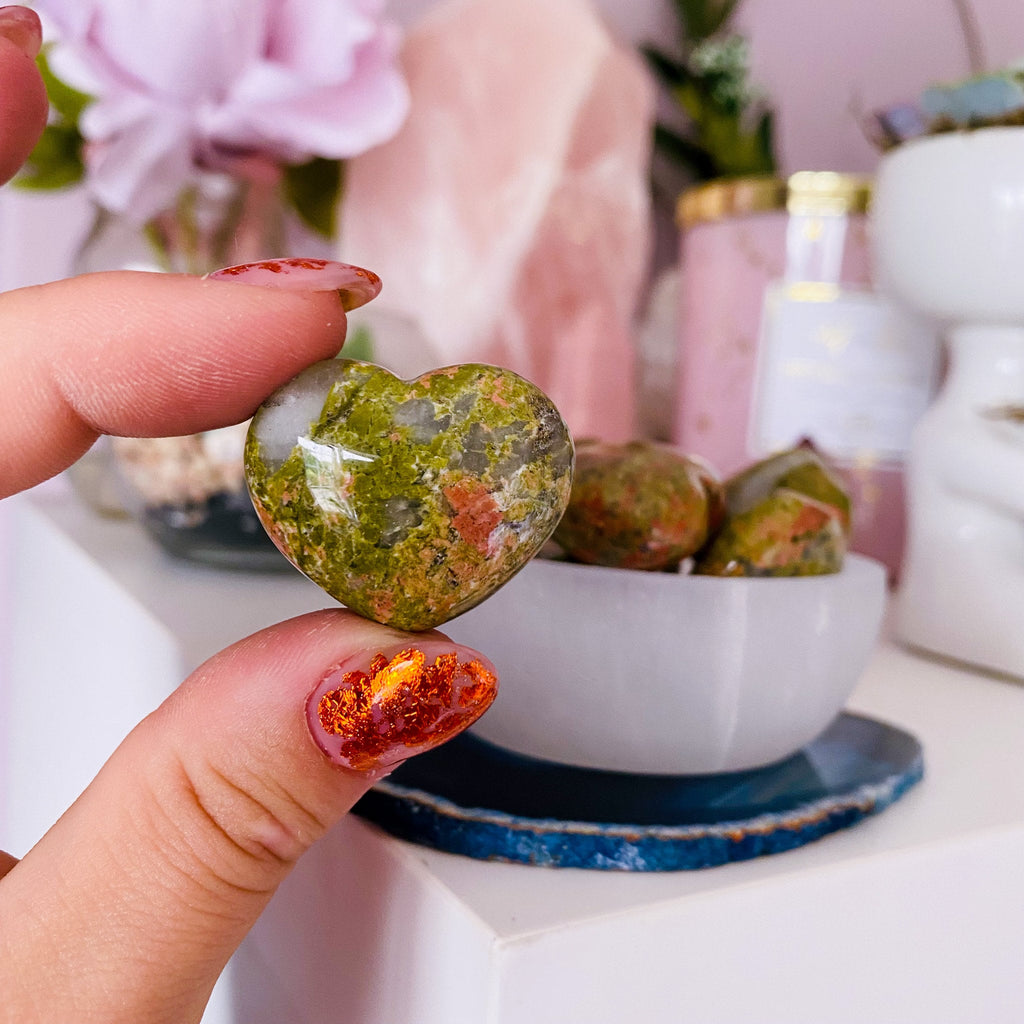 Unakite Jasper Crystal Love Hearts / Balances The Emotional Body / A Great Healer For The Body & Mind / Nurturing, Loving, Compassionate