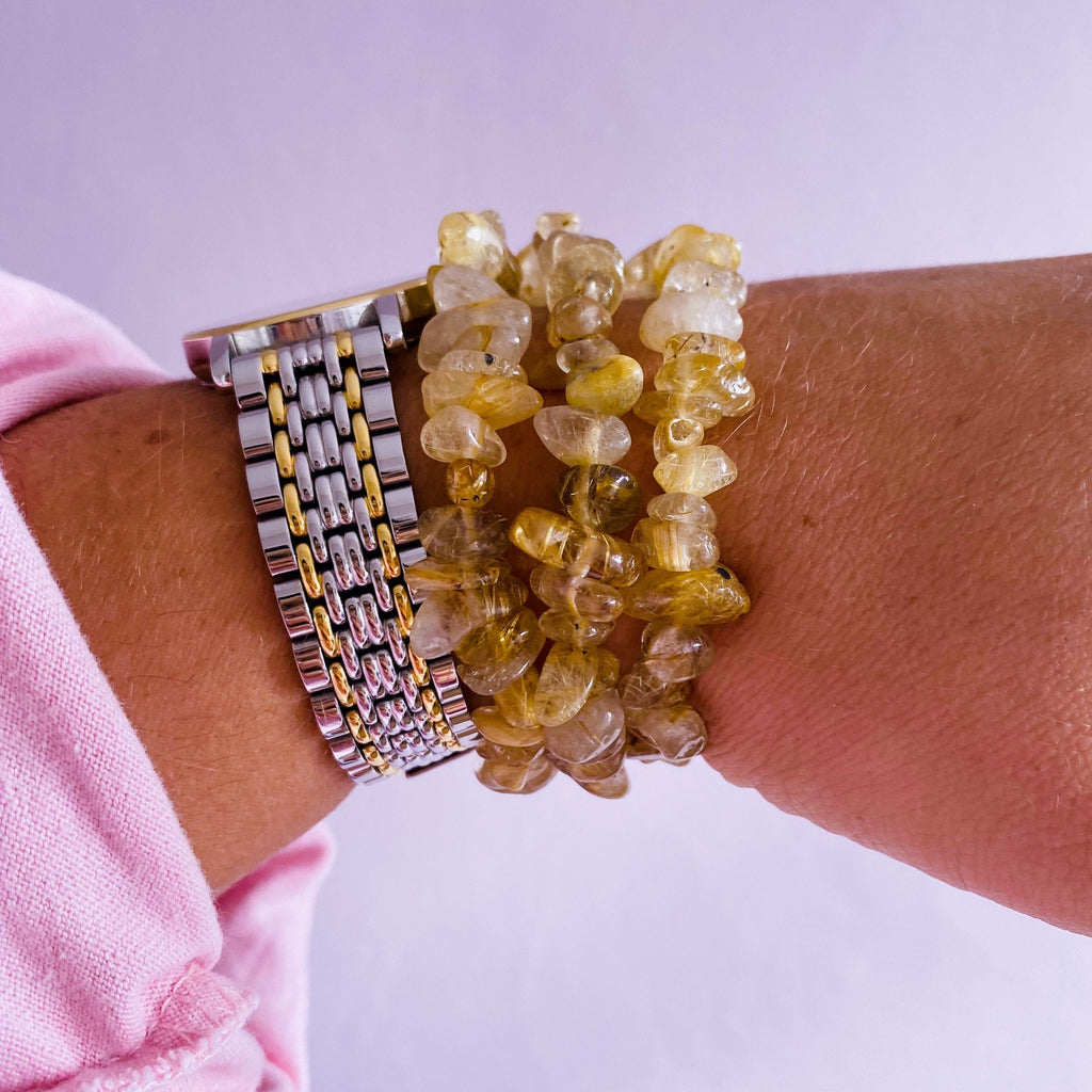 Golden Rutilated Quartz Crystal Chip Bracelets / Reduces Depression, Soothes Low Moods, Blocks Negativity / Eases Anxiety + Fear
