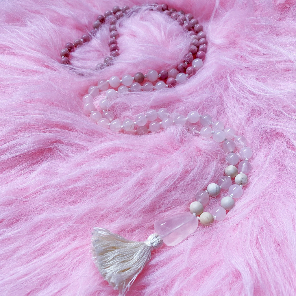 Unconditional Love Crystal 108 Bead Mala Necklace / Rose Quartz, White Jasper + Rhodonite / Self Love, Uplifting, Brings Peace & Healing