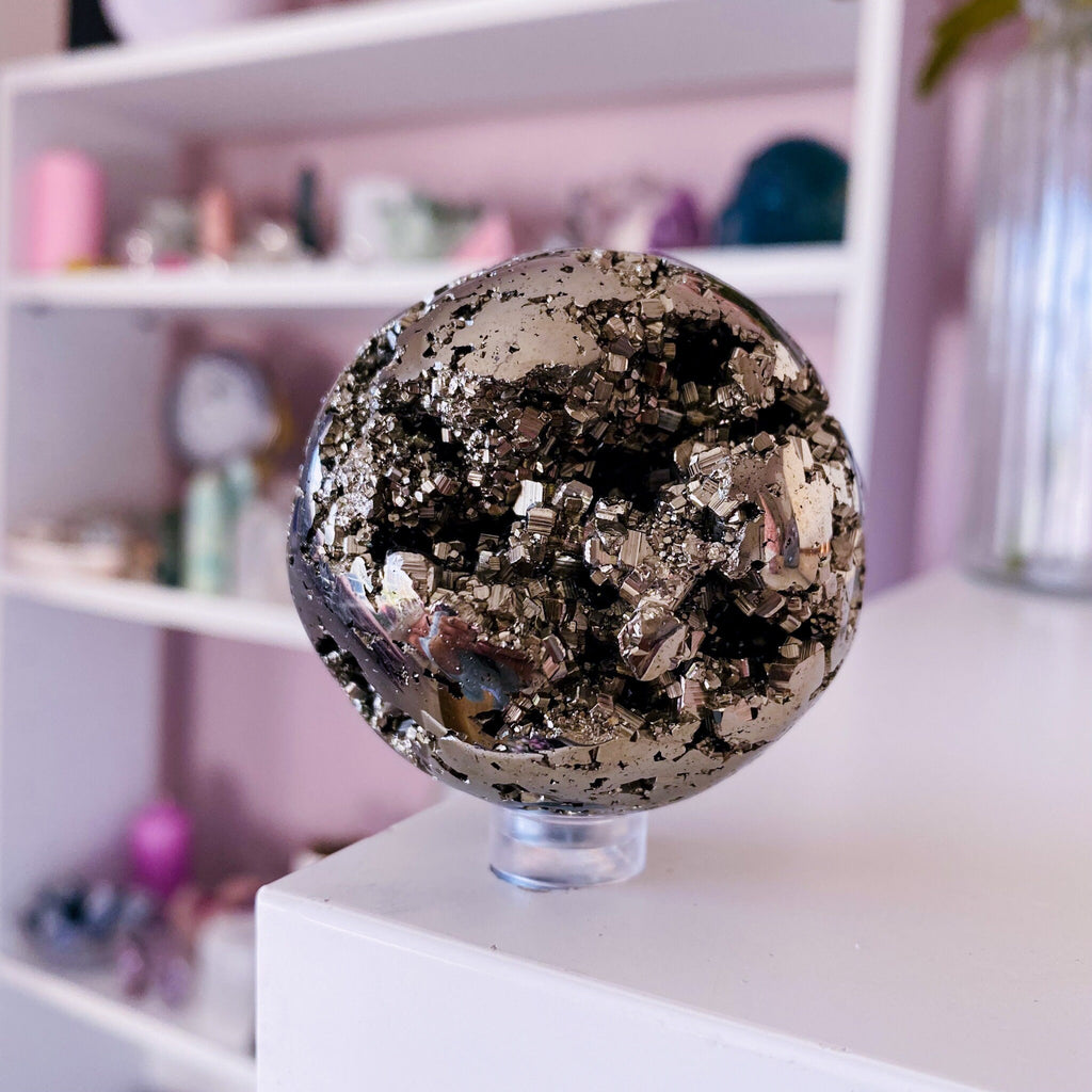 Pyrite Chispa High Grade (Fools Gold) Crystal 53mm Sphere / Grounding, Protective, Shields From Negativity / Helps Will-Power & Anxiety (2)