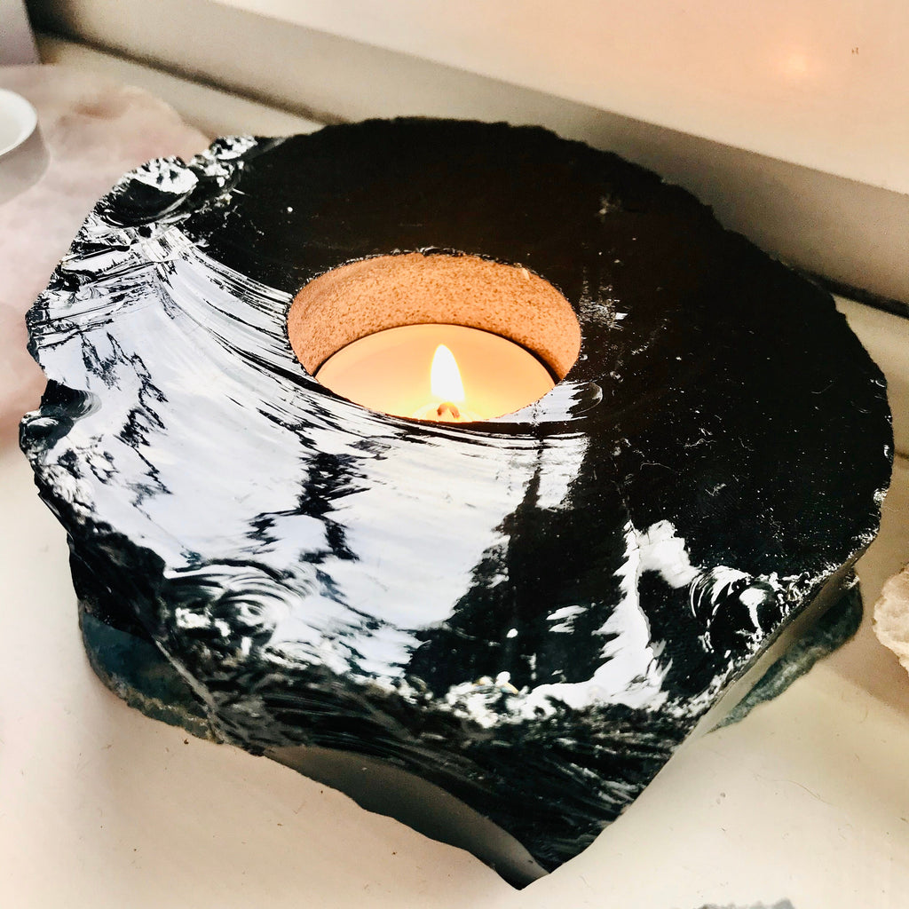 Black Obsidian Crystal T-Light Holder / Blocks Negativity / Absorbs Tension & Stress / Discourages Drama / Brings Strength And Courage