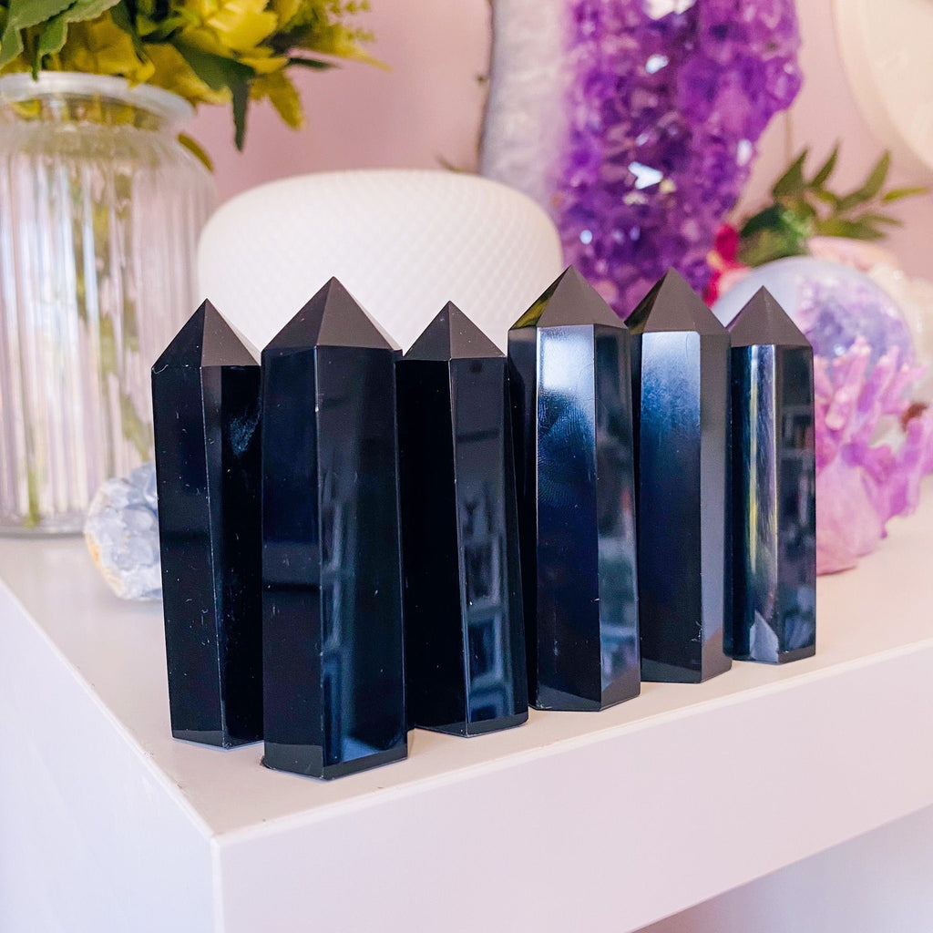 Black Obsidian Crystal Towers / Blocks Negativity / Absorbs Tension & Stress / Discourages Drama / Brings Strength And Courage