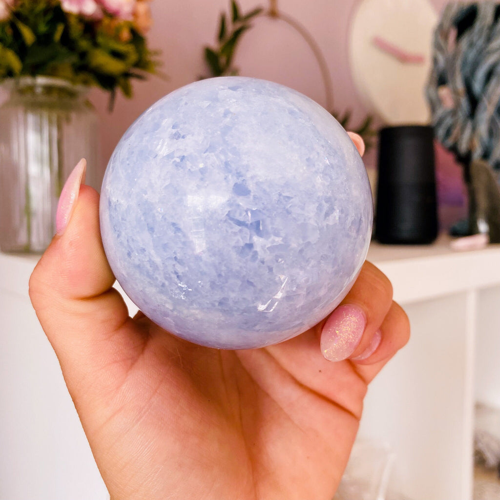 Blue Calcite Large Crystal 65mm Sphere / Soothes Nerves, Lessens Anxiety / Cleanses Negative Energy From Body & Home / Helps Clear Speech